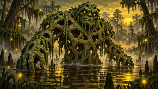 A hulking swamp monster rises from a misty bayou with green algae and hanging vines dripping from its shoulders and glowing yellow eyes among twisted cypress trees and fireflies.