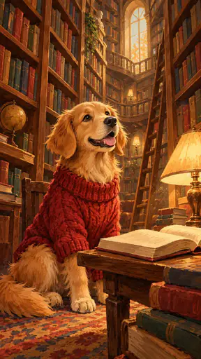A dog wearing a knitted sweater sits among tall library shelves with an open book on a reading table and a warm lamp beside it in dusty golden light.
