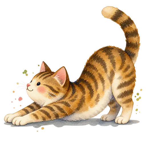 A tabby cat in a full-body stretch with front legs reaching forward, chest low, back arched and tail raised, seen from the side, on a transparent background.