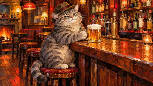 A funny grey tabby cat in a small felt hat sits on a bar stool at a cozy pub counter with a frothy mug of beer in front of it with warm bar lights and bottles behind.