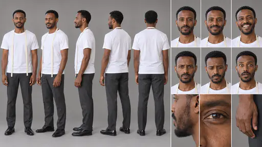 A 16:9 studio character sheet of a tall man with a short black beard and a tailor's tape in a white shirt, charcoal trousers and black shoes, shown in five full-body views, six expressions and three close details.