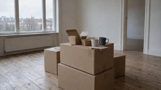 Open takeaway containers, two unmatched mugs and a folded napkin sit on a stack of cardboard moving boxes in an empty new living room with bare floorboards and no curtains in flat morning window light.