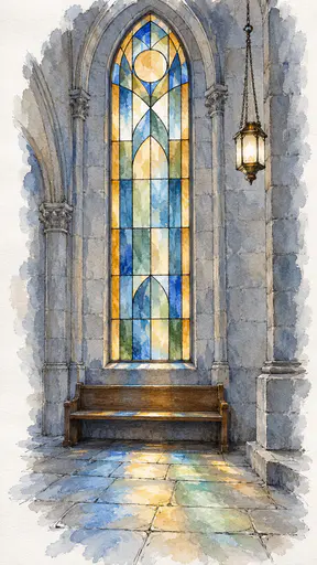 A tall arched stained glass window with a geometric pattern of plain blue, amber and green panes stands in a stone synagogue wall above a wooden bench in ink and watercolor.