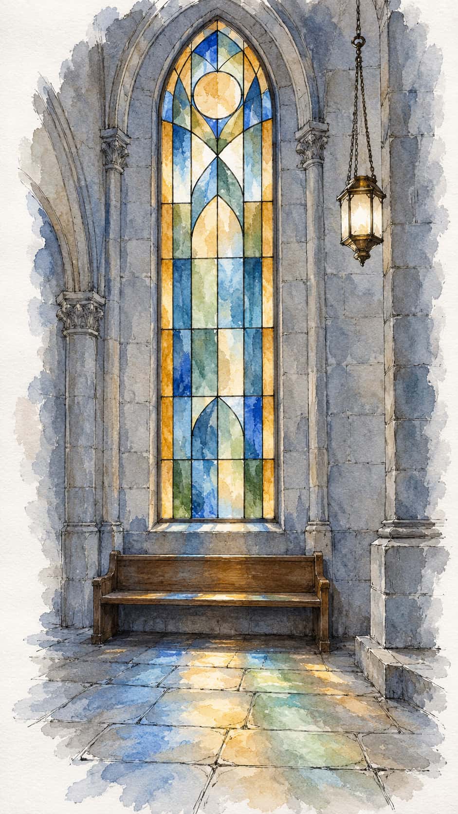 A tall arched stained glass window with a geometric pattern of plain blue, amber and green panes stands in a stone synagogue wall above a wooden bench in ink and watercolor.