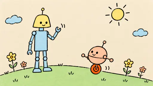 Two simple robots meet on a grassy hill, a tall rectangular one with a lamp head waving and a small round one rolling toward it on one wheel in felt tip doodle style.