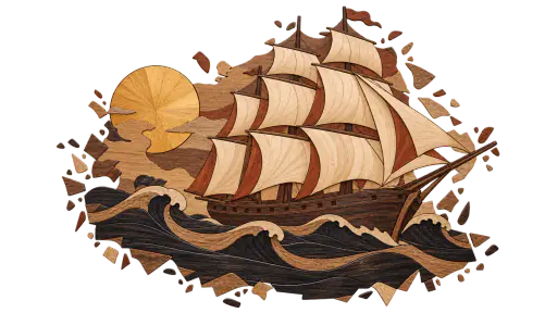 A marquetry wood-inlay slice of a tall ship on walnut waves, built from veneer pieces whose grain follows every form, scattering loose inlay on transparency.