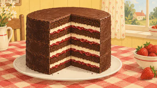 A tall six layer cake of chocolate sponge, vanilla cream and strawberry jam is cut open at the front to show the layers on a white plate on a checkered kitchen table.
