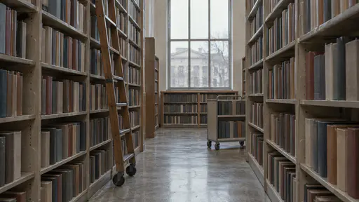 Tall plain library stacks hold rows of blank book spines with a rolling ladder against one shelf and a plain book cart at the end of the aisle in soft window light.