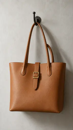 A structured tan leather tote bag with rolled handles and a brass buckle hangs from a black iron hook on a pale grey plaster wall in a studio photograph.