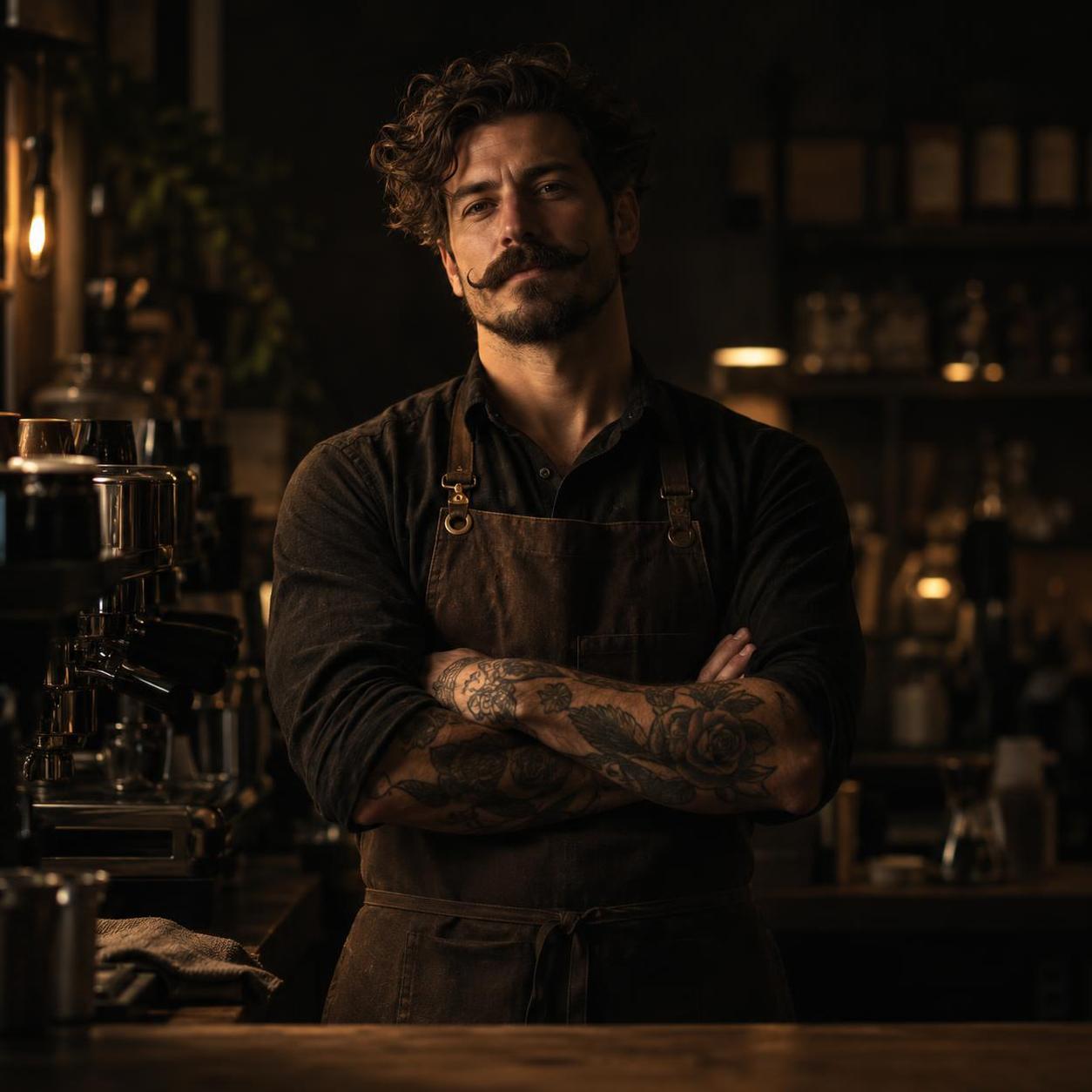 A tattooed barista with a curly moustache and apron stands with arms crossed in a moody cafe bar.