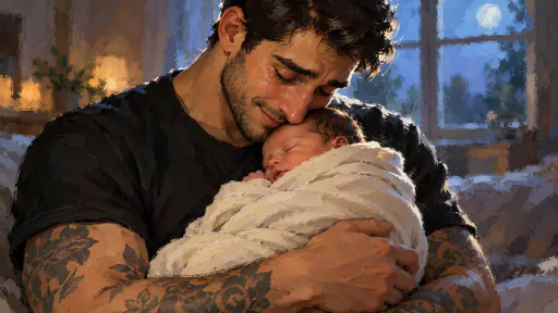 A young father with tattooed forearms cradles his swaddled newborn against his chest with a tender teary smile in a dim room lit by a soft window glow.