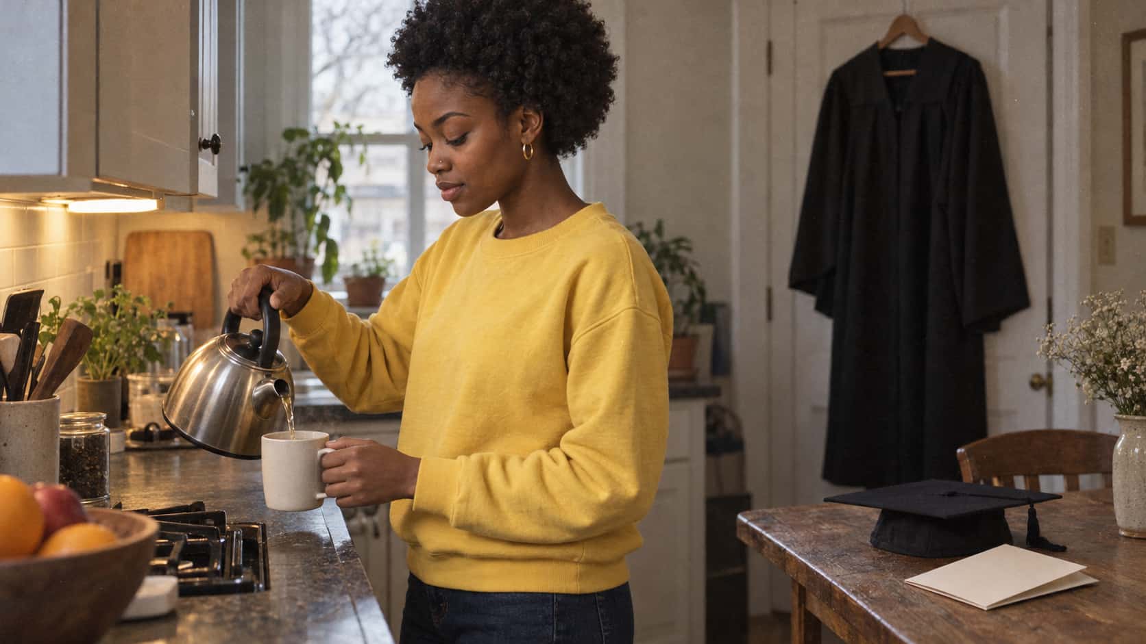 A young woman with a short rounded afro pours tea into a mug at a kitchen counter while a black graduation gown hangs from the back of the door behind her and a mortarboard sits on the table beside a folded blank programme in warm lamp light.