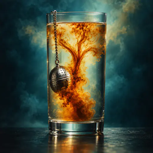 A tall clear glass of still water with a steel tea infuser on a chain, an amber tea plume rising and branching like a tree, deep teal backlight, dark surface.