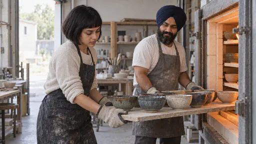 A broad bearded man in a navy turban and a young woman with a short black bob, both in work gloves, lift a board of glazed bowls between them to slide it onto the shelf of an open kiln with the glowing orange interior bright behind the bowls and the man steadying the far end with a nod of approval.