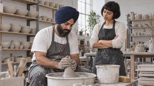 A broad bearded man in a navy turban sits at a potter's wheel with his hands cupped round a rising cone of wet clay while a young woman with a short black bob and a gold nostril stud stands beside him with folded arms watching closely in a bright pottery workshop with shelves of unglazed bowls.