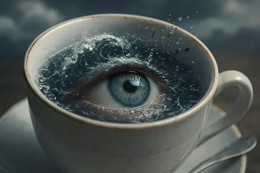 A hyperreal human eye emerges at the center of a porcelain teacup's swirling storm, a vivid metaphor for making a mountain out of a molehill. Dramatic clouds, tiny waves and flying tea leaves exaggerate the fuss within this delicate scale.