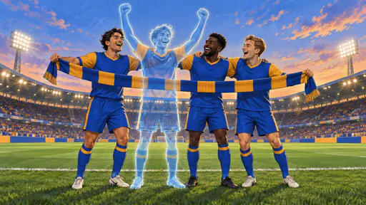 Team spirit: dimensional sports illustration of three solid teammates in blue-and-amber jerseys cheering beside a friendly translucent ghost in the same jersey, while one team scarf passes through the ghost's torso.