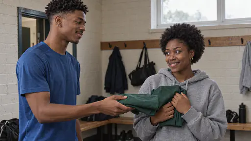 A tall lean young man with a twist-out in a blue training top hands a folded plain green match shirt to a slim young woman with a short natural afro in a grey hoodie, who clutches it to her chest with a proud nervous grin, in a clubhouse changing room with wooden benches and training bags on pegs.
