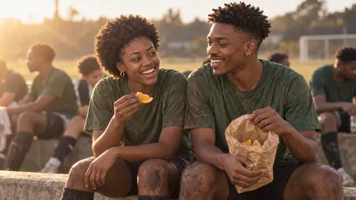 A slim young woman with a short natural afro and a tall lean young man with a twist-out in muddy plain green match shirts sit side by side on a low touchline wall sharing orange slices from a paper bag and laughing, other players relaxing beyond them in low golden sun.