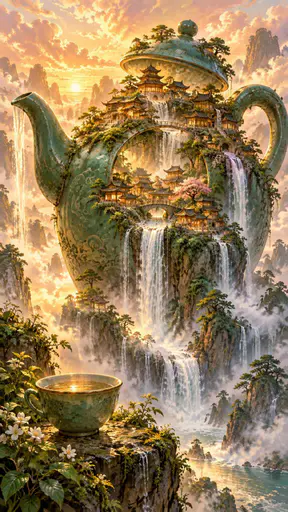 A charming village of tiled roof pagoda houses nestled in a colossal teapot with waterfalls falling into a misty valley in warm golden hour backlight.