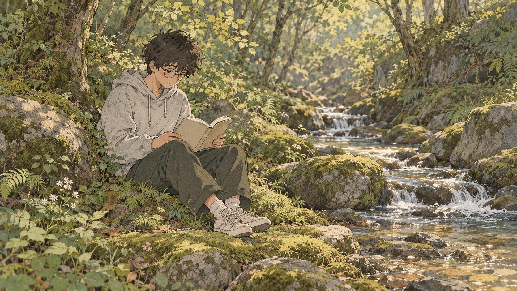 A teenage boy with round glasses and a grey hoodie sits on a mossy forest floor beside a stream reading an open paper book in dappled sunlight.