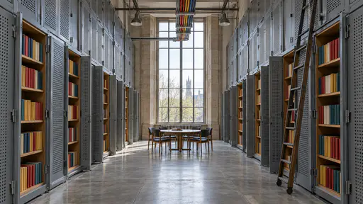 A tall telephone exchange hall converted to a lending library: perforated grey steel cabinets down both sides with some opened to show timber shelves of cloth-bound books, a bundle of coloured cables overhead, a rolling ladder at the right and a round reading table with four chairs under a tall window.