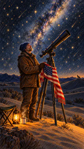 Adult astronomer wrapping a flag scarf around a telescope tripod under desert starlight. Thirteen stripes and a neat canton dream skyward.
