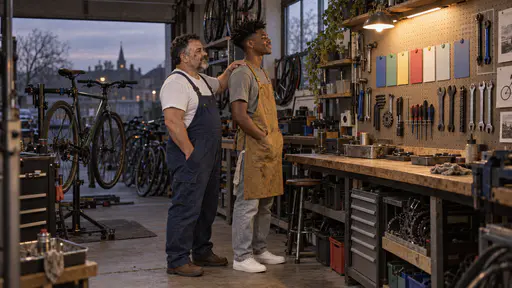 A stocky mechanic with a short grey beard in dark blue overalls rests a hand on the shoulder of a tall young man in a mustard apron as both look at a row of plain blank colour-magnet cards on a pegboard tool wall at dusk with one warm lamp glowing.