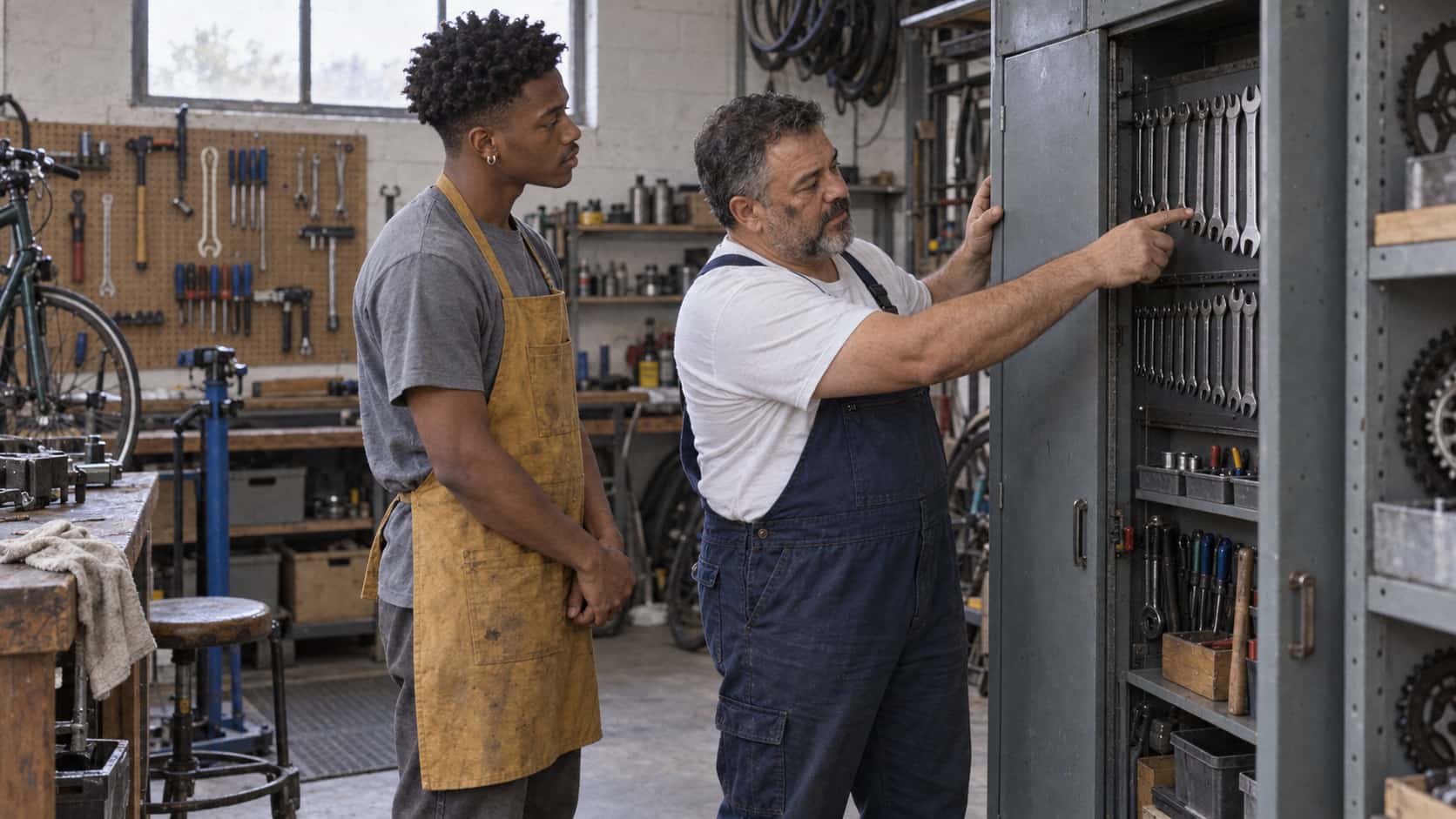 A stocky mechanic with a short grey beard in dark blue overalls opens a tall grey tool locker and points to a row of hung spanners while a tall young man with a coily twist-out in a mustard apron watches with clasped hands in cool early light.