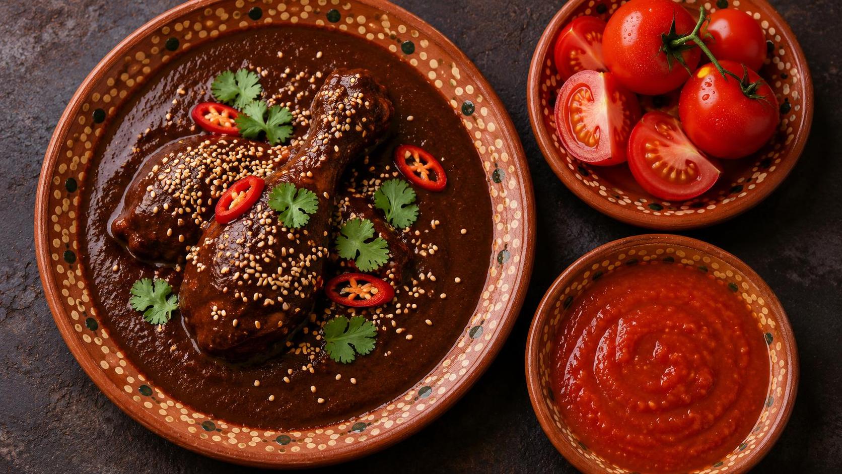 A top-down view of a dark table with mole on a terracotta plate and two small plates beside it.