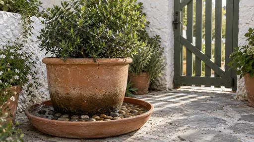 A large terracotta pot with a green shrub stands on a tray of pebbles half submerged in water in a whitewashed courtyard garden, a dark wet ring on the pot's lower side showing the water drawn up, in soft light through gate slats.