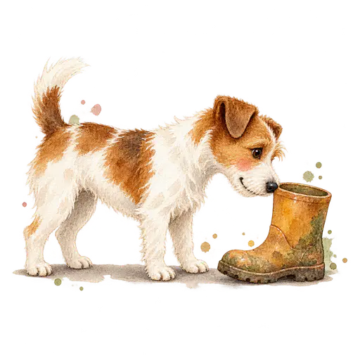 A small brown and white terrier with its nose down sniffing a single old garden boot on the ground, seen from the side with tail up, on a transparent background.