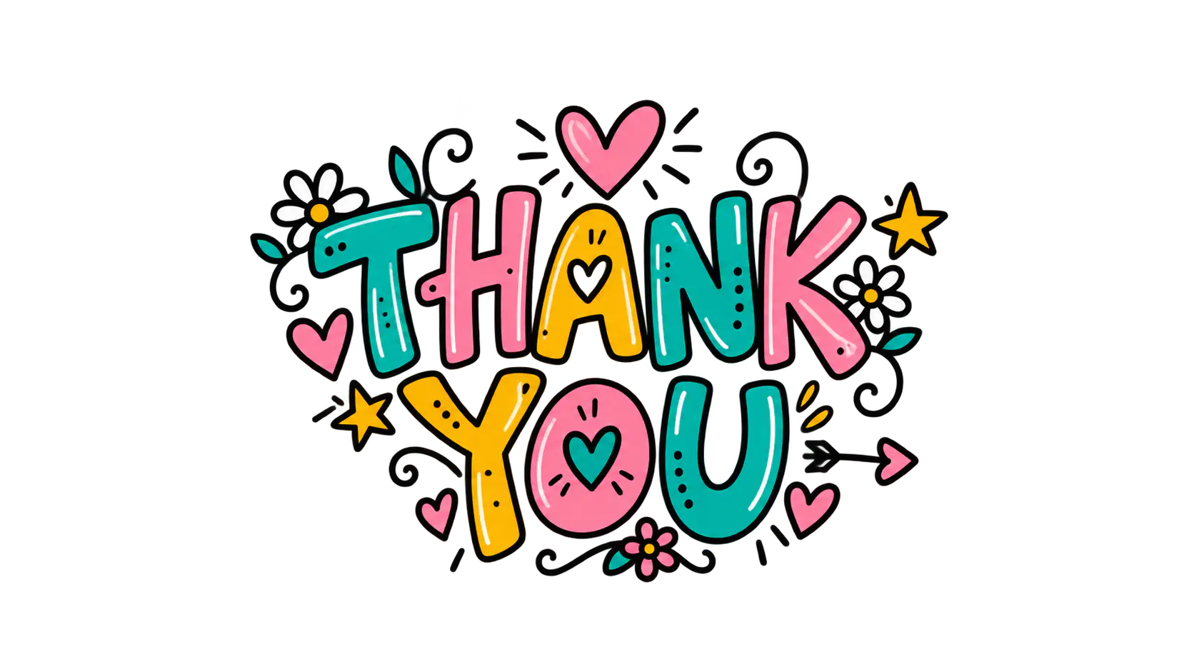 The words THANK above YOU in hand-lettered teal, pink and mustard capital letters with loose ink outlines and doodled hearts, tiny flowers, swirls and little arrows, on a transparent background.