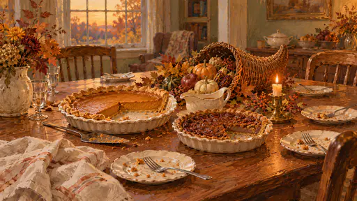 A long Thanksgiving table after dessert holds two part eaten pies, forks on small plates, a crumpled napkin and a candle burned low in fading amber window light in soft gouache.
