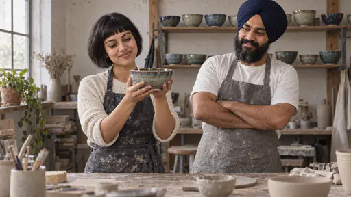 A young woman with a short black bob and a gold nostril stud in a charcoal apron holds up her own finished glazed bowl in both hands with a proud flushed smile while a broad bearded man in a navy turban stands beside her with folded arms and a satisfied slow nod with a row of finished bowls on the shelf behind them in warm late light.