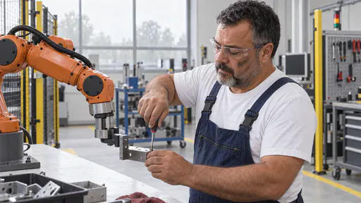 An orange robot arm holds a metal bracket steady and still over a white bench while a stocky technician in blue overalls and safety glasses drives a small screw into it with a hand screwdriver in bright even light.