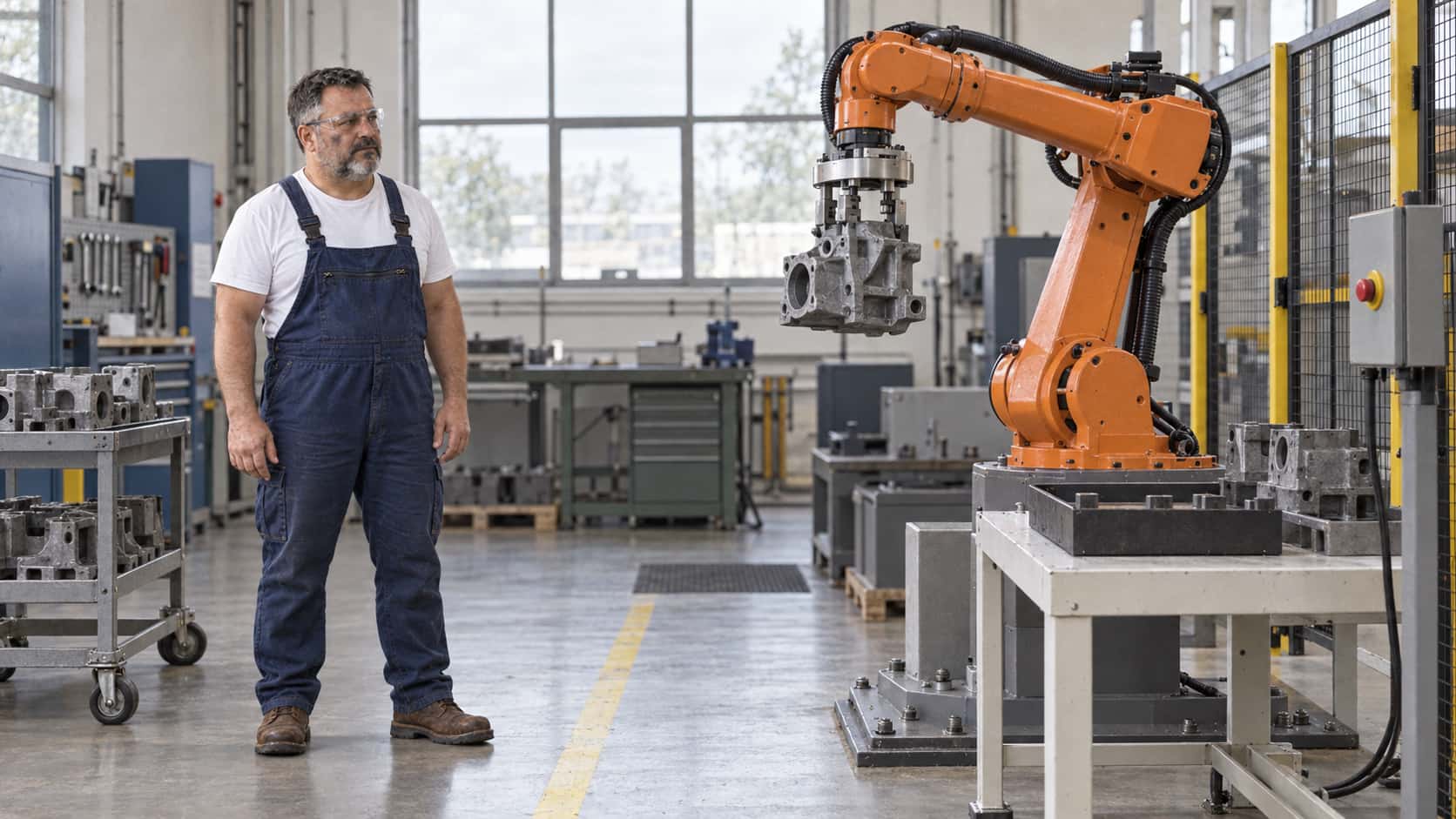 An orange robot arm lifts a heavy grey casting high above a white bench while a stocky technician in blue overalls and safety glasses stands well back behind a yellow floor line with both hands relaxed at his sides in even light.