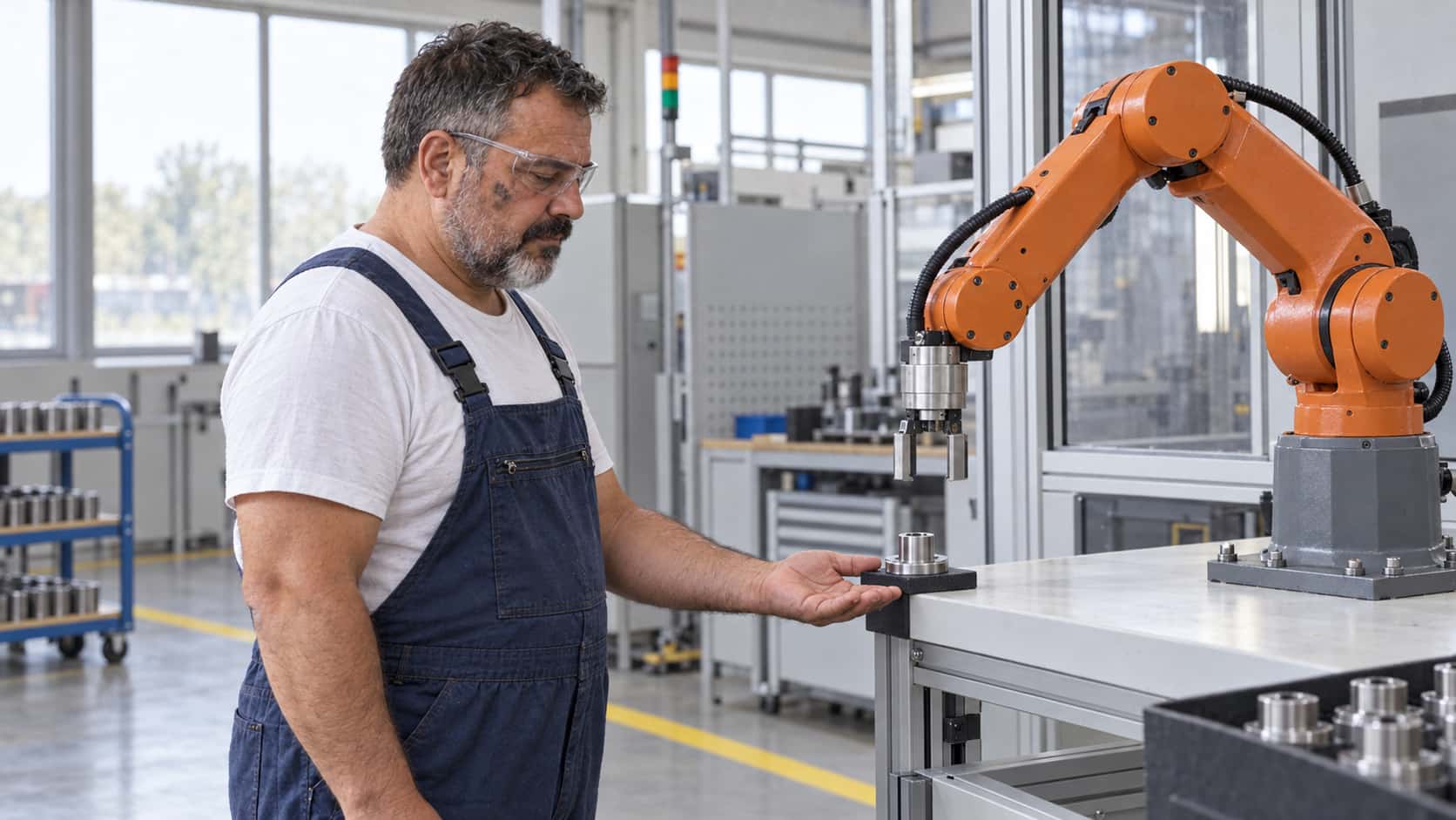 An orange robot arm extends its open gripper and lowers a finished small metal part onto a pad at the edge of a bench while a stocky technician in blue overalls holds one open palm out ready to receive it in even light.