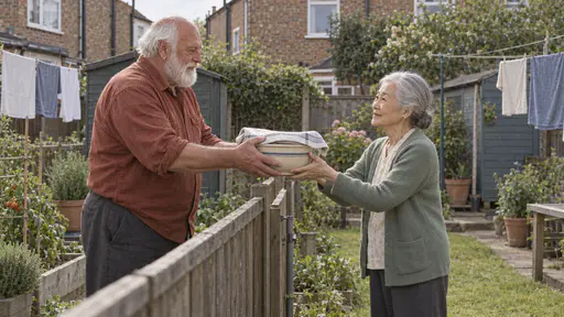 A broad man in his late sixties with a thick white beard in a rust-coloured work shirt holds out a large washed ceramic mixing bowl with a folded plain cloth over its top across a low wooden fence while a very small woman in her early eighties with silver-white hair in a low bun in a sage cardigan reaches with both hands to receive it back in warm afternoon light.