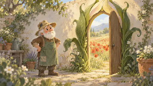 An old gardener in a patched straw hat and green apron stands back with his hands on his hips admiring a tall arched wooden doorway grown from a stalk and framed by leaves with a bright poppy meadow visible through it in warm sunlight.