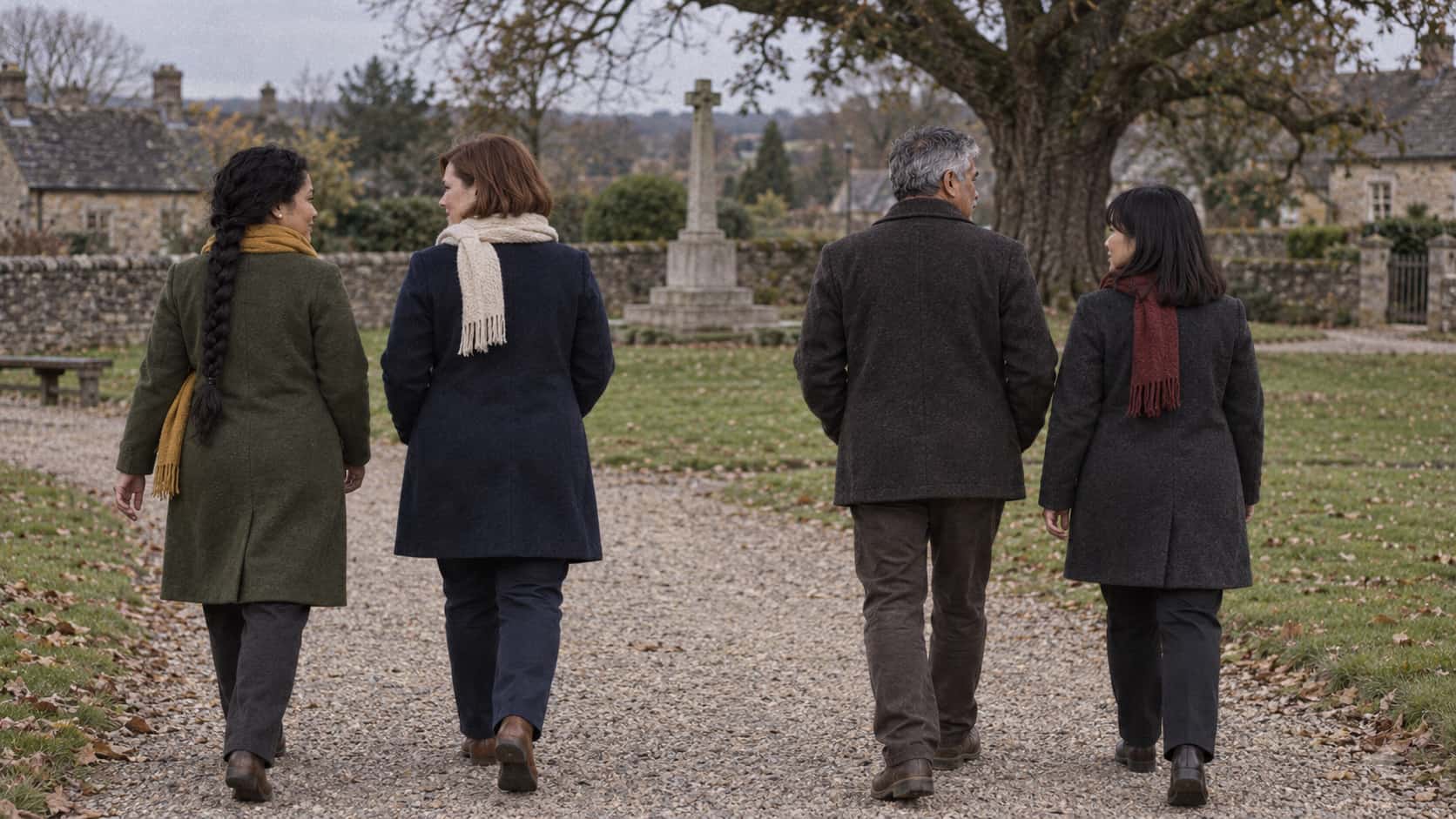 Four people in dark coats and coloured scarves walk away in twos along a gravel path seen from behind with a stone memorial and laid flowers small and warm in the long low evening light behind them.