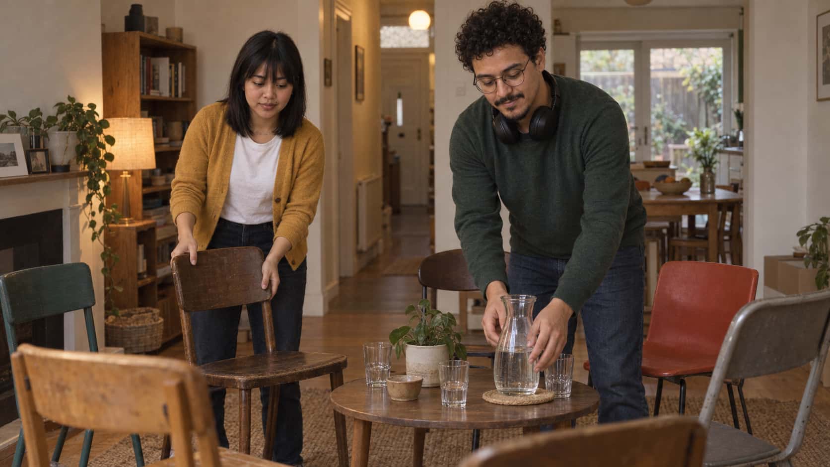 A young woman with a fringe in a mustard cardigan places the last of a circle of borrowed mismatched chairs in a cleared living room while a tall man with round glasses in a green jumper sets a jug of water on a small table in the centre in golden evening light.