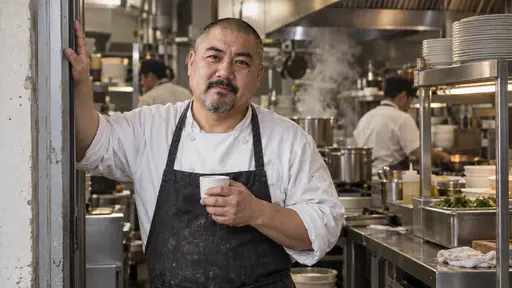 A shaven-headed cook with a goatee leans against a restaurant kitchen doorway holding a small white cup against his chest with steaming pots and a stainless steel pass with waiting plates behind him in warm light.