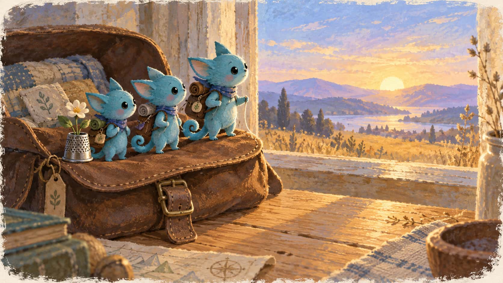 Three thumb-sized turquoise creatures with small packs stand on the edge of a leather satchel flap looking out across a wooden table toward a rising sun in the window with their bed folded behind them and a pale flower in a thimble.