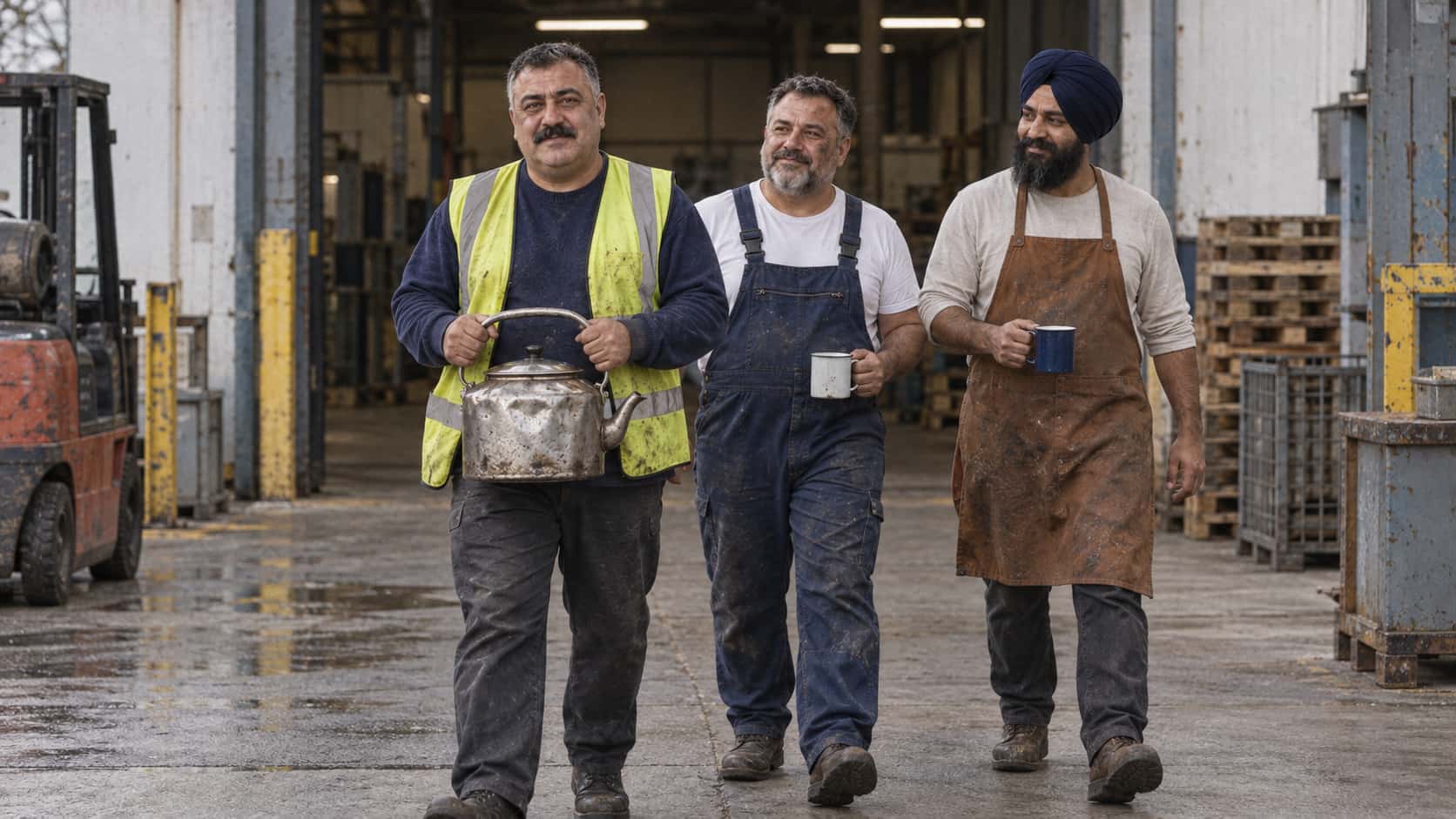Three workers carry a large dented steel kettle and hang mugs from their fingers as they walk back through a loading bay with an open bay door and a stacked pallet behind them in low afternoon light.