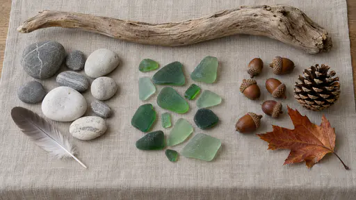 Walk finds are sorted into groups by colour on a linen cloth on a kitchen table, with pebbles and a feather on the left, sea glass in the middle and acorns, a pine cone and a red leaf on the right.