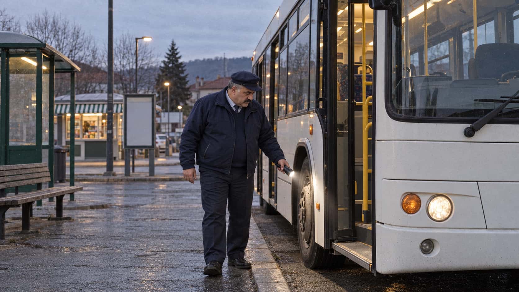 A heavyset moustached driver in a navy jacket and cap walks round the front of a lit single-decker bus at dusk with a torch beam on the wheel arch checking the tyres and front lights beside an open door.