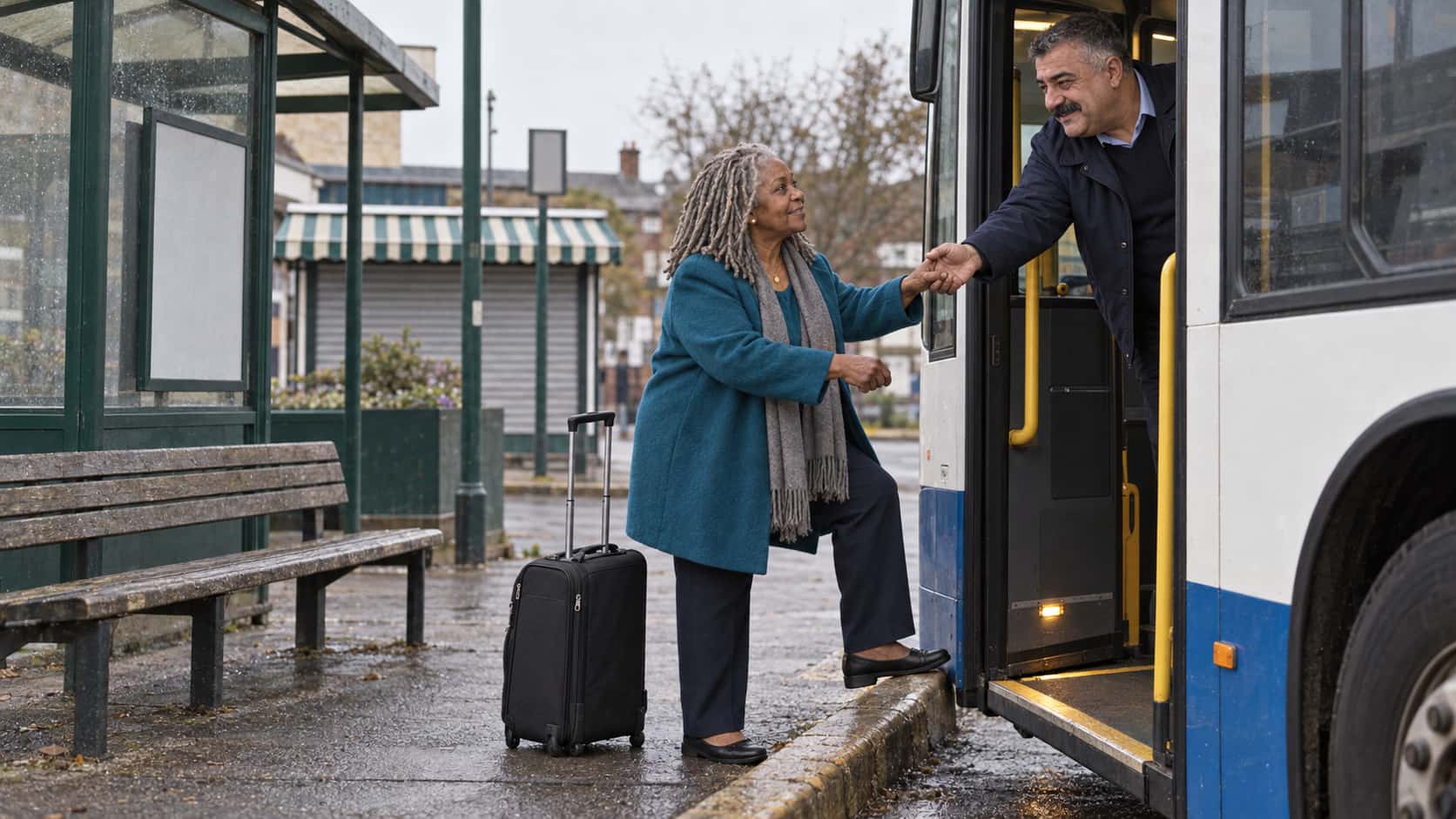 A heavyset moustached driver in a navy jacket leans out of an open bus door offering a hand to a woman with silver locs in a teal coat who stands on the kerb with her suitcase at her feet with a shuttered kiosk behind them in warm light.