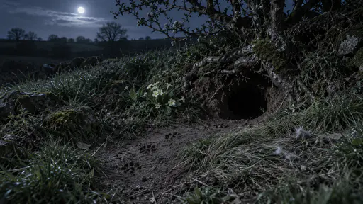 At night under cool blue moonlight the empty round mouth of a fox earth on a grassy bank shows fresh fox paw tracks in the soft soil, a patch of flattened grass and a small scatter of pale rabbit fur with no animal visible.