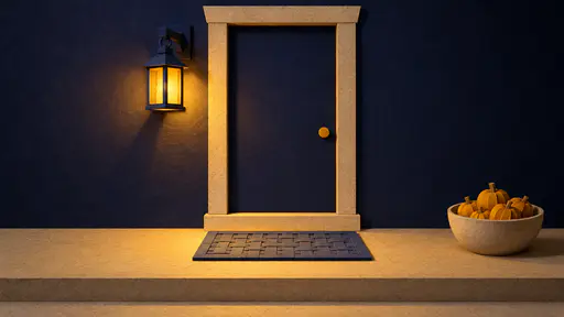 Layered paper-cut illustration of an empty Halloween porch at night: a blank smoke-blue welcome mat on parchment steps, a saffron paper lantern glowing beside a plain indigo door, and a parchment bowl of small paper pumpkins, composed as a customizable background.